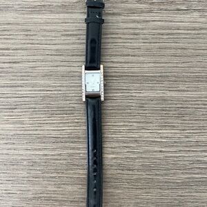 Black Leather Strap Watch with Silver Square Face